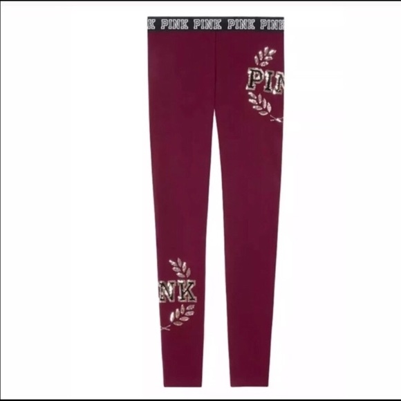 NEW PINK VS BLING LOGOS FLAT LEGGING MAROON - Picture 5 of 6